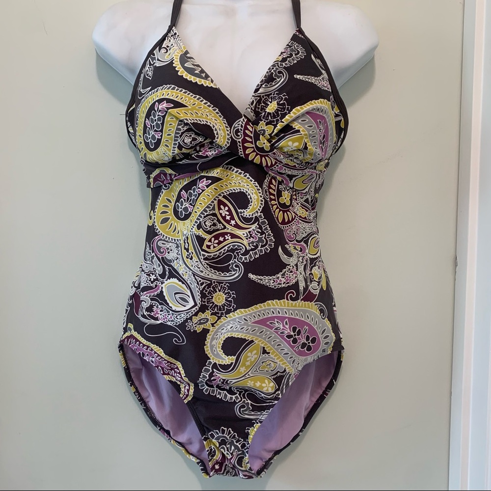 Athleta paisley one piece swim bathing suit gray size 3